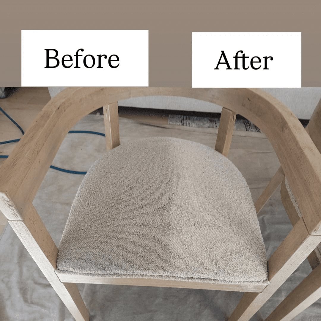 A dining chair seat with the left half still soiled and the right half cleaned