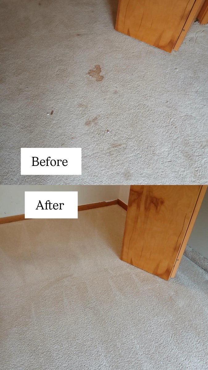 Set-in carpet spots before cleaning, and the same corner clean afterwards